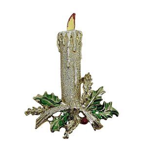 Vintage Gerrys Gold-Tone Candle Brooch With Holly Leaves & Rhinestones